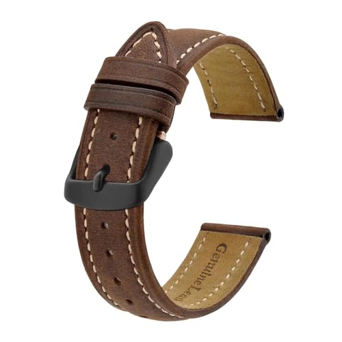 MILNBJK Jeniko Uhrenarmband, 14 Mm ~ 24 Mm, Retro-Crazy-Horse-Lederarmband Mit Schwarzer Schnalle, Ersatzband For Damen Und Herren(Color:Brown(Beige Line),Size:16mm) von MILNBJK