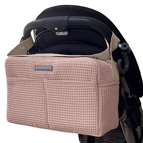 MIMUSELINA Kinderwagen Organizer mit großem Fassungsvermögen Kinderwagentasche mit + 7 Fächern - Wickeltasche Kinderwagen Verstellbar am Lenker des Kinderwagen (Waffle Rosa) von MIMUSELINA