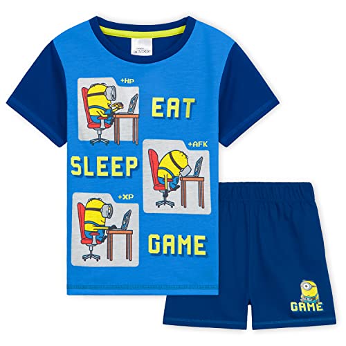 MINIONS Sommer Schlafanzug Jungen, Kurzes Pyjama Set mit T-Shirt & Schlafshorts (Blau, 5-6 Jahre) von MINIONS