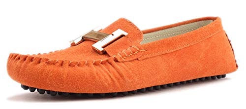 MINITOO Damen Casual Fahren Schuhe Metallic Streifen Wildleder Loafers Flache Bequeme Mokassins, Orange, 38.5 EU von MINITOO