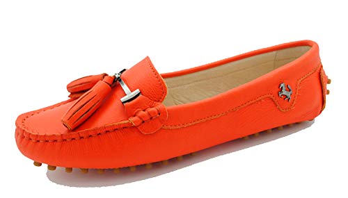 MINITOO Damen Quasten Slip-on Leder Slipper Mokassins Fahren Flache Schuhe Orange Rot EU 36.5 von MINITOO