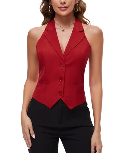 MINTLIMIT Cropped-Weste für Damen, 3 Knöpfe, Neckholder, Revers, formeller Smoking, Anzugweste, einzelne Leistentaschen, Büroweste, R-rot, XL MINTLIMIT Cropped-Weste für Damen, 3 Knöpfe, Neckholder, Revers, formeller Smoking, Anzugweste, einzelne Leistentaschen, Büroweste, R-rot, XL von MINTLIMIT