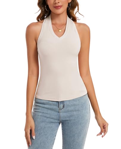 MINTLIMIT Damen Ärmellos Tank top Sommer Cami Neckholder Baumwolle Oberteile Sexy Weste Slim (Beige L) von MINTLIMIT