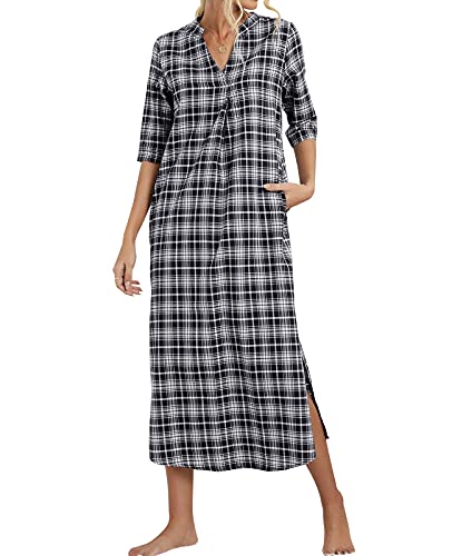 MINTLIMIT Damen Nachthemd Baumwolle Nachtwäsche Lang V-Ausschnitt Sleepshirt mit Taschen Karierte,Beige,XXL von MINTLIMIT