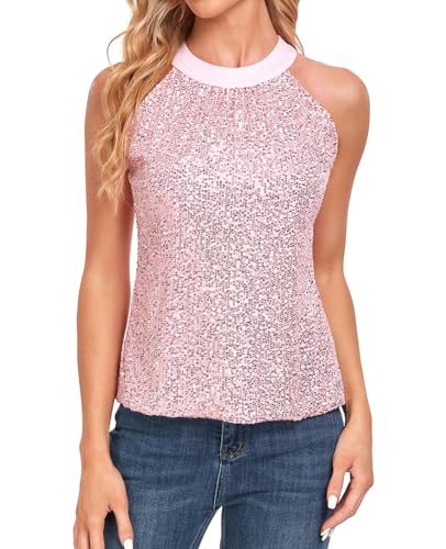 MINTLIMIT Damen Pailletten Oberteil Ärmellos Glitzer Shirt Halter Neck Funkelnd Weste Camisole Bluse Party Cocktail Oberteile, Rosa MINTLIMIT Damen Pailletten Oberteil Ärmellos Glitzer Shirt Halter Neck Funkelnd Weste Camisole Bluse Party Cocktail Oberteile, Rosa von MINTLIMIT
