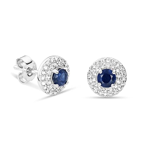 Miore Schmuck Damen 0.23 Ct Diamant Ohrringe mit Edelstein Geburtsstein natürlicher runder blauer Saphir umgeben von 78 Pavé Diamanten Brillanten klassische Ohrstecker aus Weißgold 9 Karat 375 Gold von MIORE