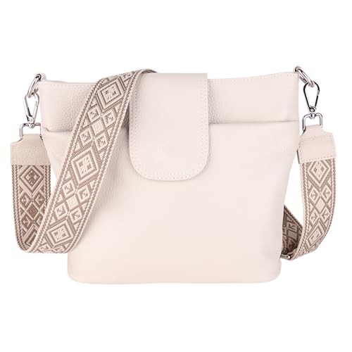 MIRROSI® Umhängetasche Damen, Echtleder, Made in Italy, BOHO Style30x24,50x9cm (BXHXT) viel Stauraum, Handtasche, Brusttasche, Crossbody Bag (1 Tasche & 2 Gurte) (Beige (Karo)) von MIRROSI