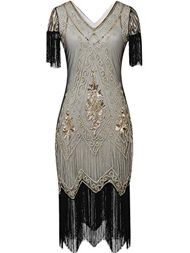 MISSCHEN 1920 Kleider Great Gatsby Kleid Thema Roaring 20er Jahre Kleider Flapper Kleid mit Ärmel YLS018 L Champagner Gold von MISSCHEN