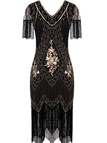 MISSCHEN 1920er Damen Gatsby Pailletten Quasten Saum Cocktail Flapper Abschlussball Kleid YLS018 2XL Schwarz Gold von MISSCHEN