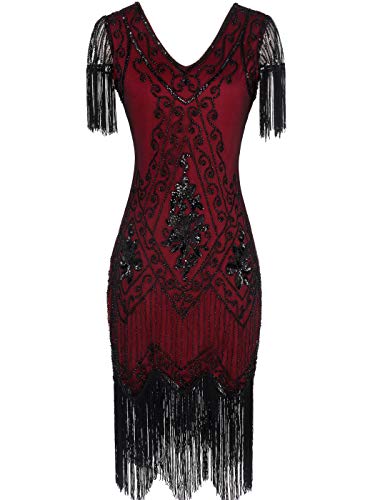 MISSCHEN 1920er Gatsby Pailletten Flapper Kleid Quasten Saum Cocktail YLS018 2XL Wine Black von MISSCHEN