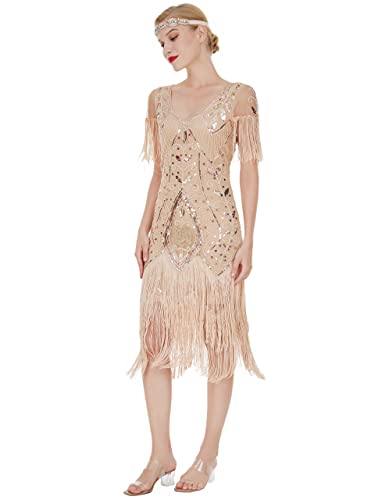 MISSCHEN 1920er Gatsby Pailletten Flapper Kleid Quasten Saum Cocktail YLS033 S Rose Gold von MISSCHEN