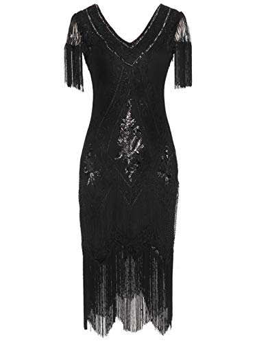 MISSCHEN 1920er Gatsby voll Pailletten Quasten Saum Flapper Abschlussball Kleid YLS018 2XL Glam Black von MISSCHEN