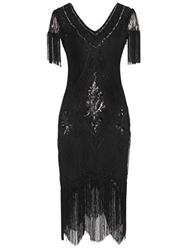 MISSCHEN 1920er Gatsby voll Pailletten Quasten Saum Flapper Abschlussball Kleid YLS018 M Glam Black von MISSCHEN
