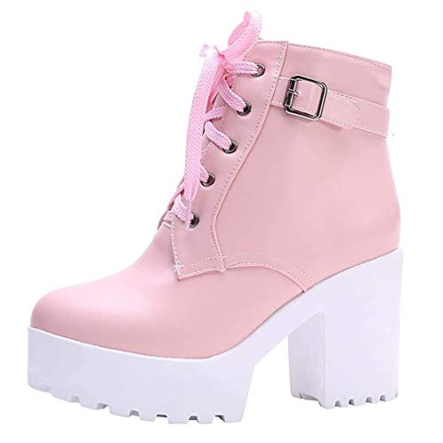 MISSUIT High Heels Ankle Boots mit Blockabsatz und Schnürung 10cm Absatz Stiefeletten Schuhe(Pink,40) von MISSUIT