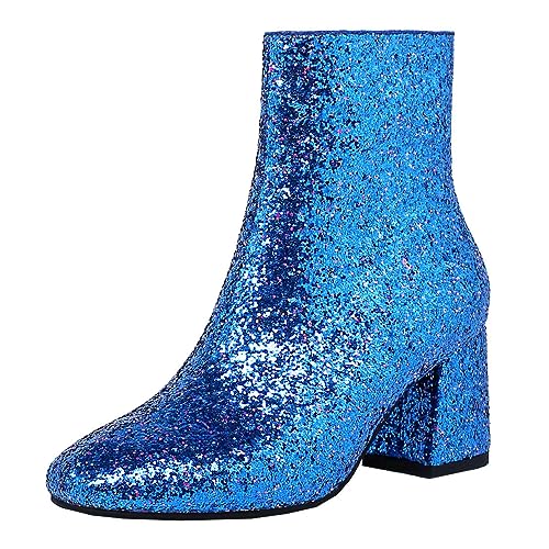 MISSUIT Damen Chunky Heels Ankle Boots Glitzer Stiefeletten mit Blockabsatz und Reißverschluss 6cm Absatz Pailletten Schuhe(Blau,37) von MISSUIT