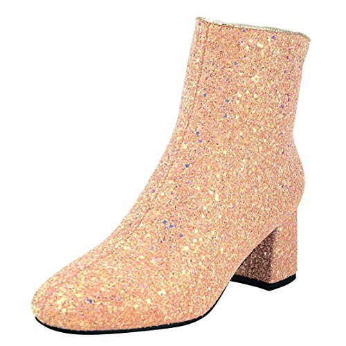 MISSUIT Damen Chunky Heels Ankle Boots Glitzer Stiefeletten mit Blockabsatz und Reißverschluss 6cm Absatz Pailletten Schuhe(Pink,41) von MISSUIT