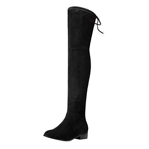MISSUIT Damen Flache Overknee Stiefel Stretch Boots mit Schnürung Langschaftstiefel Herbst Winter Schuhe(Schwarz,40) von MISSUIT