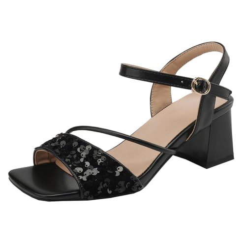 MISSUIT Damen High Heels Sandaletten Blockabsatz Riemchen Sommer Offene Sandalen Schnalle Schuhe(Schwarz,34) von MISSUIT