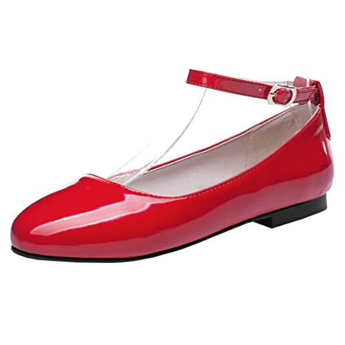 MISSUIT Damen Lack Pumps Riemchen Flach Ballerina Mary Jane Sommer Schuhe(Rot,40) von MISSUIT