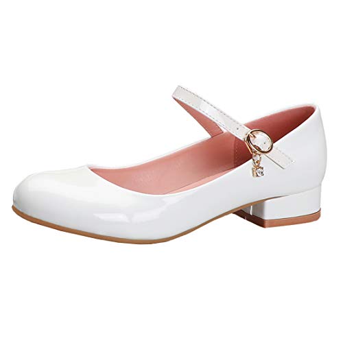 MISSUIT Damen Lack Pumps mit Riemchen Flach Mary Jane Flat Damenschuhe Kleid Schuhe(Weiß,40) von MISSUIT