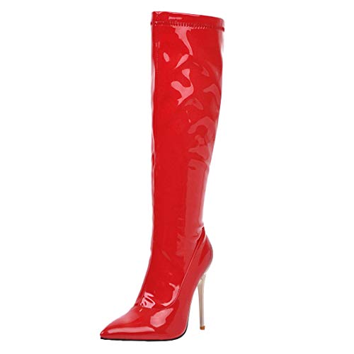 MISSUIT Damen Lackstiefel Kniehoch Spitze High Heels Stiefel Stiletto Knee High Boots Reißverschluss Langschaft Winterstiefel(Rot,36) von MISSUIT