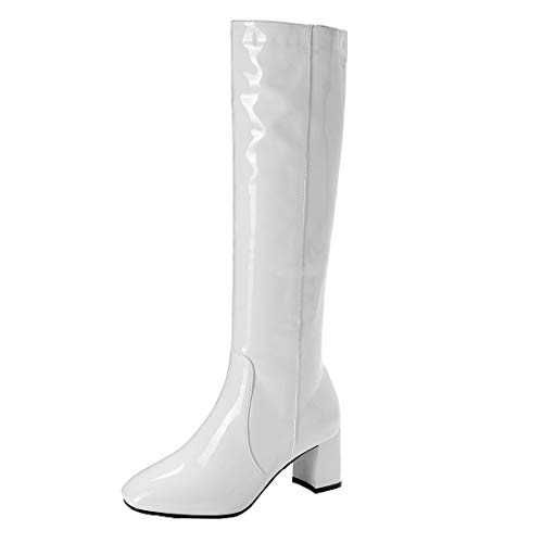 MISSUIT Damen Langschaftstiefel Blockabsatz Lackstiefel High Heels Kniehohe Stiefel mit Reißverschluss High Knee Stiefel(Weiß,37) von MISSUIT