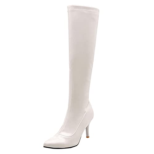 MISSUIT Damen Langschaftstiefel Lack Stiletto High Heels Boots Spitz Kniehoch Stiefel Reißverschluss Schuhe(Weiß,37) von MISSUIT