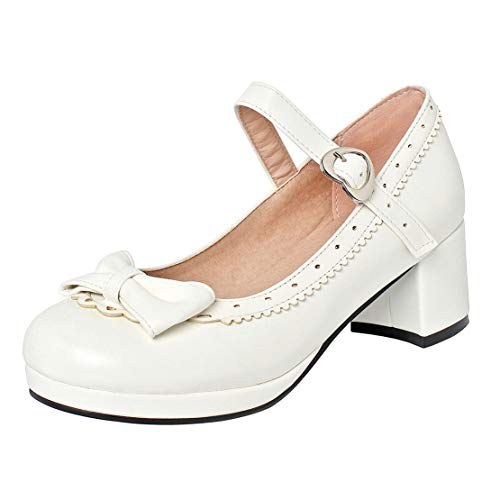 MISSUIT Damen Mary Jane Pumps mit Blockabsatz und Schleife 5cm Absatz Geschlossen Rockabilly Schuhe(Weiß,38) von MISSUIT