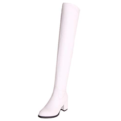 MISSUIT Damen Overknee Stiefel Blockabsatz Chunky Heel Boots mit Reißverschluss 6cm Absatz Hohe Stiefel(Weiß,38) von MISSUIT