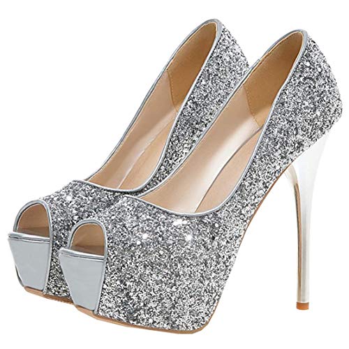 MISSUIT Damen Peeptoe Glitzer High Heels Plateau Pumps Stiletto Extreme Pailletten Hochzeit Schuhe(Silber,39) von MISSUIT