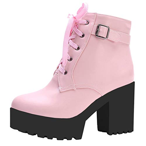 MISSUIT Damen Plateau High Heels Stiefeletten Blockabsatz Ankle Boots mit Schnürung(Pink 1,36) von MISSUIT