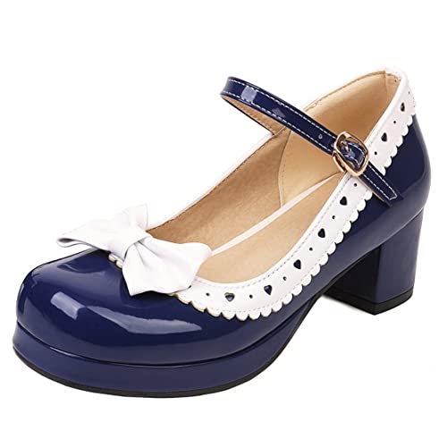 MISSUIT Damen Plateau Mary Jane Blockabsatz Lack Pumps mit Riemchen Schleife Geschlossen Rockabilly Schuhe(Blau4,41) von MISSUIT