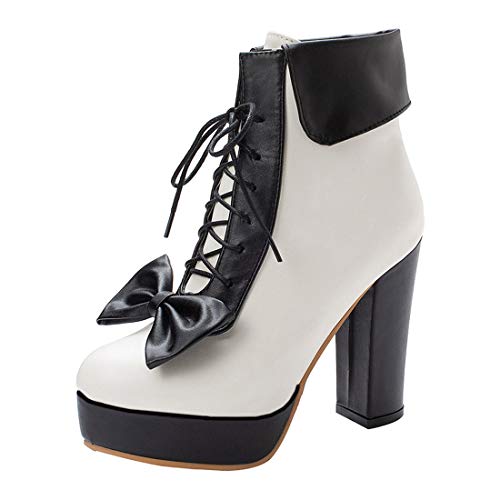 MISSUIT Damen Schnürstiefeletten High Heels Plateau Ankle Boots mit Schnürung und Blockabsatz Schleife Schuhe(Schwarz,39) von MISSUIT