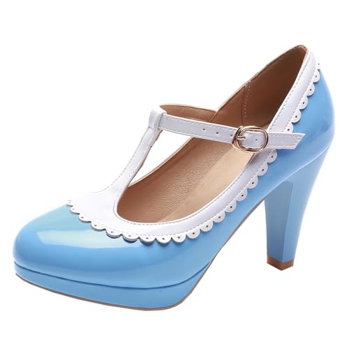 MISSUIT Damen T Strap High Heels Pumps Blockabsatz Lack Mary Jane Riemchen Plateau(Hellblau,40) von MISSUIT