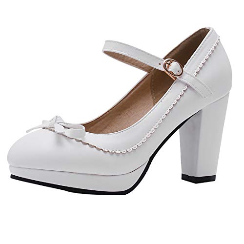 Mary Jane Damenschuhe Blockabsatz High Heels Pumps Plateau Geschlossen Retro Vintage Schuhe(Weiss,41) von MISSUIT