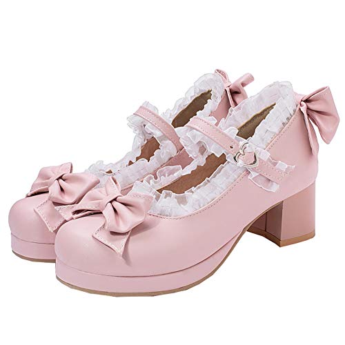 Mary Jane Damenschuhe Pumps mit Blockabsatz und Riemchen 5cm Absatz Rockabilly Schuhe(Pink,42) von MISSUIT