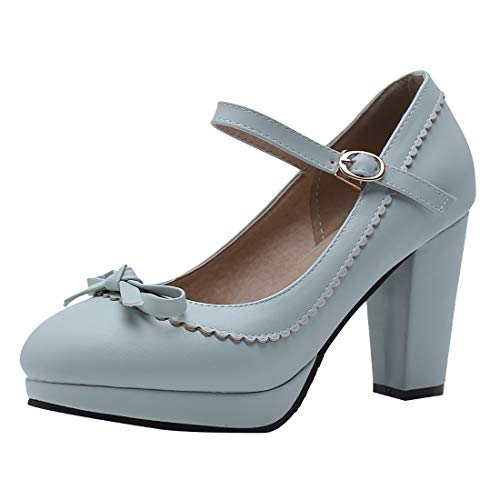 Mary Jane Pumps mit Blockabsatz High Heels Plateau Geschlossen 8cm Absatz Retro Vintage Rockabilly Schuhe(Blau,38) von MISSUIT