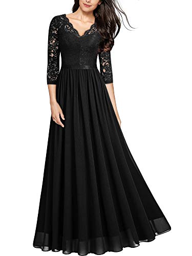 MIUSOL Abendkleider Damen Elegant Vintage Hochzeit Spitze Chiffon Faltenrock Prom Langes Kleid Schwarz M von MIUSOL