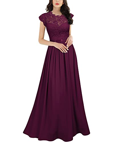 MIUSOL Damen Elegant Ärmellos Rundhals Vintage Spitzenkleid Hochzeit Chiffon Faltenrock Langes Kleid Magenta Gr.L von MIUSOL