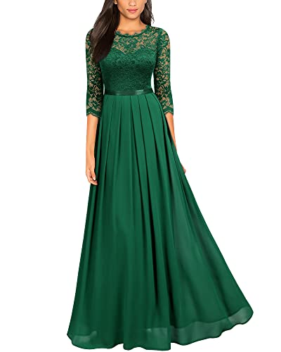 MIUSOL Damen Elegant Halbarm Rundhals Vintage Spitzenkleid Hochzeit Chiffon Faltenrock Langes Kleid Grün S von MIUSOL
