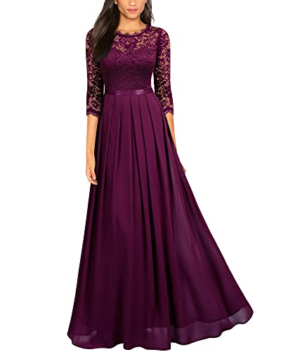 MIUSOL Damen Elegant Halbarm Rundhals Vintage Spitzenkleid Hochzeit Chiffon Faltenrock Langes Kleid Magenta M von MIUSOL