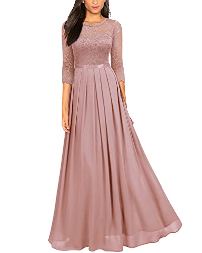 MIUSOL Damen Elegant Halbarm Rundhals Vintage Spitzenkleid Hochzeit Chiffon Faltenrock Langes Kleid Rosa Gr.2XL von MIUSOL