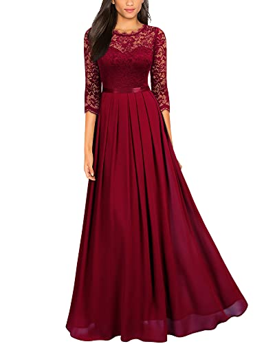 MIUSOL Damen Elegant Halbarm Rundhals Vintage Spitzenkleid Hochzeit Chiffon Faltenrock Langes Kleid Rot Gr.M von MIUSOL