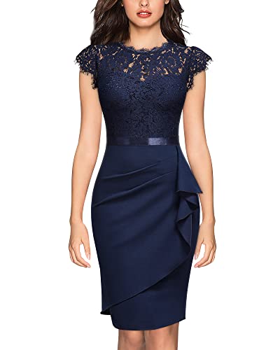 MIUSOL Damen Elegante Blumen Spitze Rüschen Design Knielang Cocktail Party Kleid（Navy Blau，Gr.XL） von MIUSOL