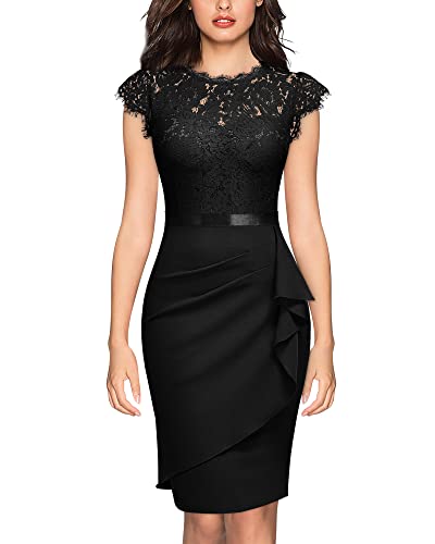 MIUSOL Damen Elegante Blumen Spitze Rüschen Design Knielang Cocktail Party Kleid（Schwarz，Gr.L） von MIUSOL