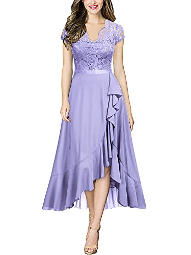 MIUSOL Damen Halbarm Rundhals Vintage Spitzenkleid Hochzeit Chiffon Faltenrock Langes Kleid Helles Lila Gr.L von MIUSOL