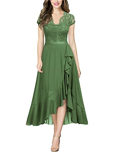 MIUSOL Damen Halbarm Rundhals Vintage Spitzenkleid Hochzeit Chiffon Faltenrock Langes Kleid Weidengrün Gr.L von MIUSOL