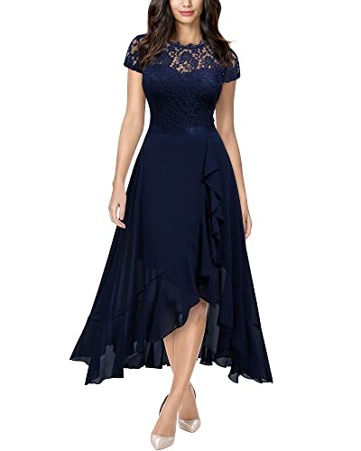 MIUSOL Damen Rundhals Spitzenkleider Hochzeit Brautjungfer Chiffon Abendkleider Navy Blau Gr.2XL von MIUSOL