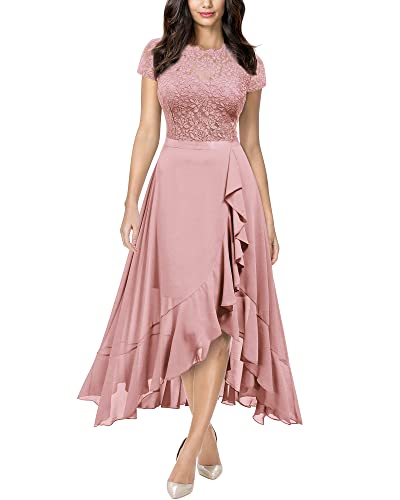 MIUSOL Damen Rundhals Spitzenkleider Hochzeit Brautjungfer Chiffon Abendkleider Rosa Gr.2XL von MIUSOL