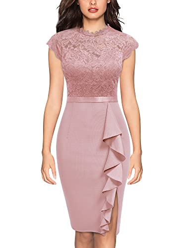 MIUSOL Damen Spitze Kurzarm Business Etui Party Cocktailkleid Rosa Gr.S von MIUSOL